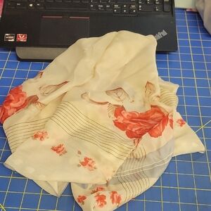 Vintage Rose Flower Floral 60" Scarf Red Cream Blue Silky
